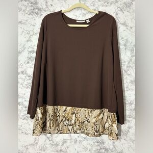 Susan Graver Brown Long Sleeve Top with Snake-Print Hem